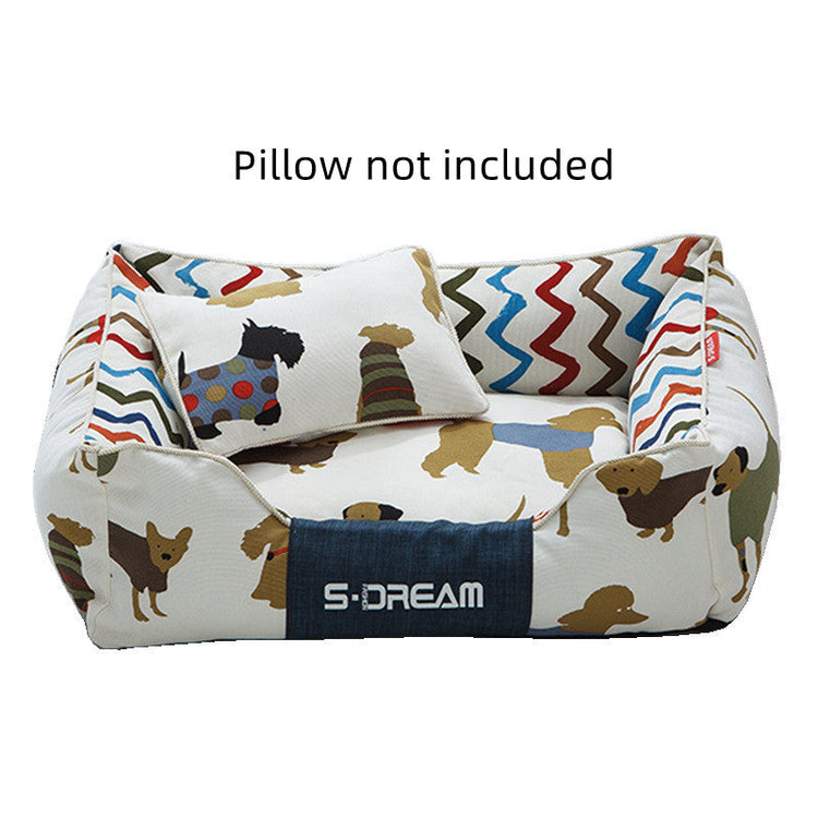 Large removable and washable dog cat bed mat in brown and yellow canvas and oxford cloth for winter pet comfort