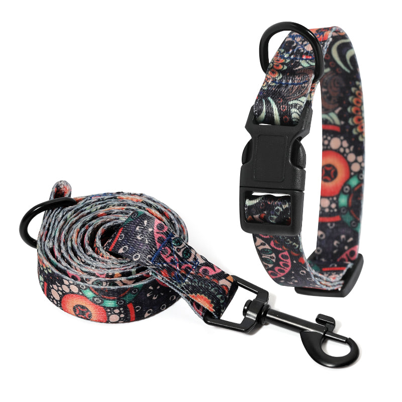 Colorful dog collar and leash set made of network silk and polyester for pets