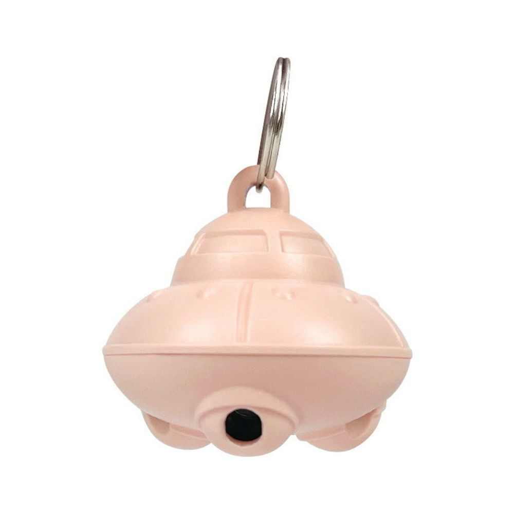 Green cat laser toy attached to a pink cat collar for interactive pet play, USB rechargeable and automatic shut-off features