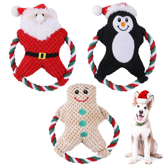 Pet Christmas Plush Toys cotton rope knot toy with Santa Claus and Christmas bear designs