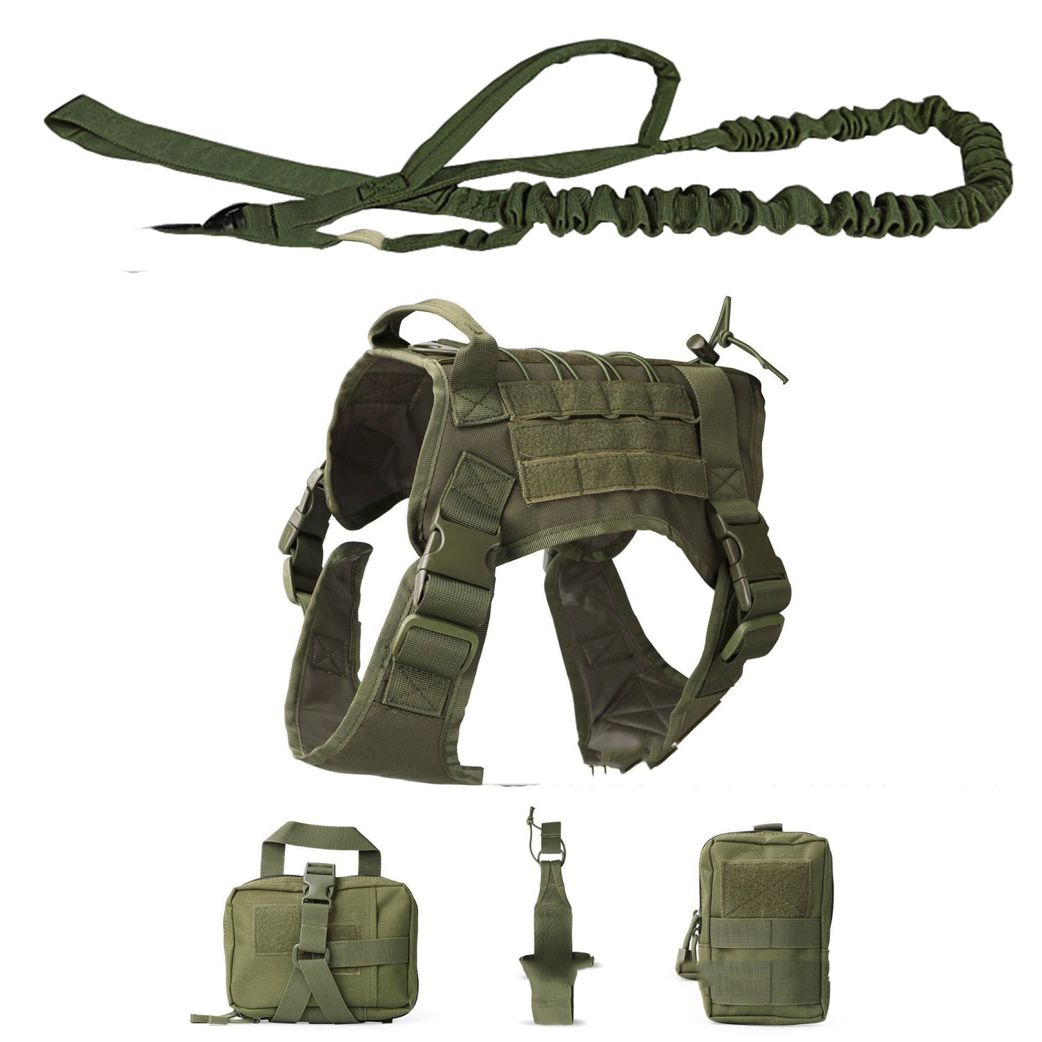 Outdoor dog vest tactical five piece suit in camouflage and military green colors with accessories
