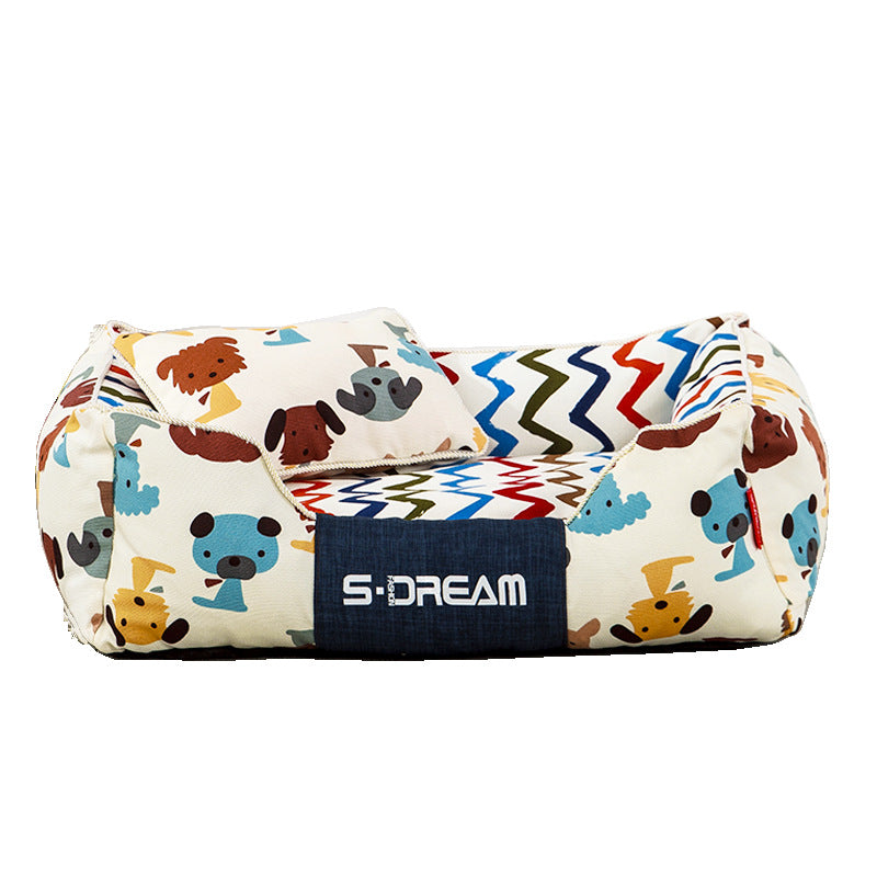 Removable and washable large dog cat bed in brown and yellow with small pillow options for winter pets