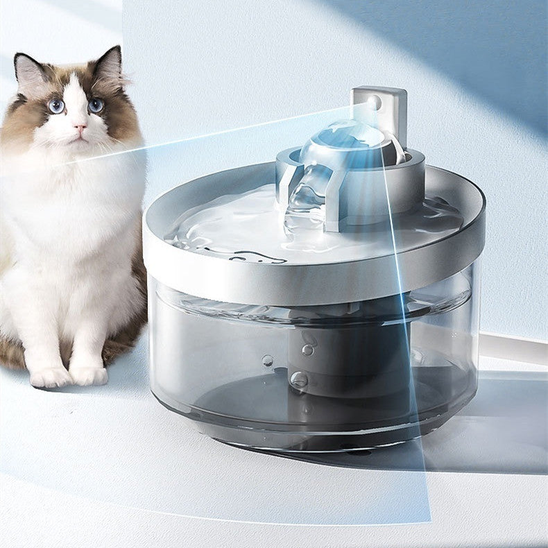 Gray wireless cat water fountain with 2500mA and 5000mA battery options, PET PP material, 19.5x19.5x119.5cm size