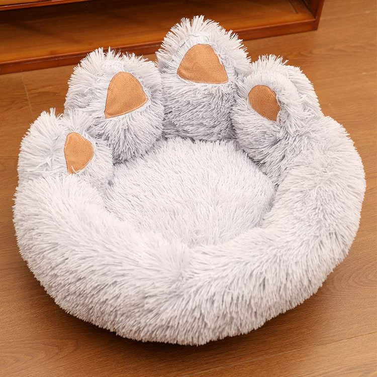 Plush kennel thickened large pet bed in coffee, gray, and pink colors with hand-shaped brush design