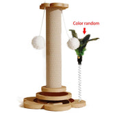 Heavy-duty cat scratching post with natural sisal rope, pine wood base, and interactive toys