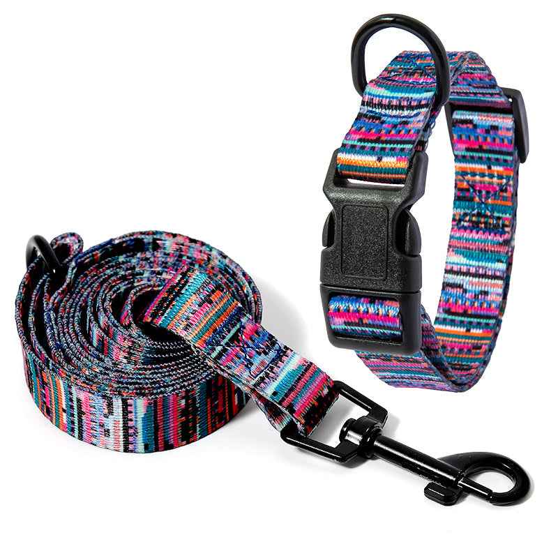 Colorful dog collar made of network silk polyester with leash options, available in multiple sizes and Bohemia-inspired designs