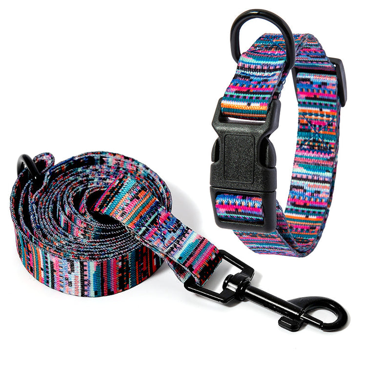 Colorful dog collar made of network silk polyester with leash options, available in multiple sizes and Bohemia-inspired designs