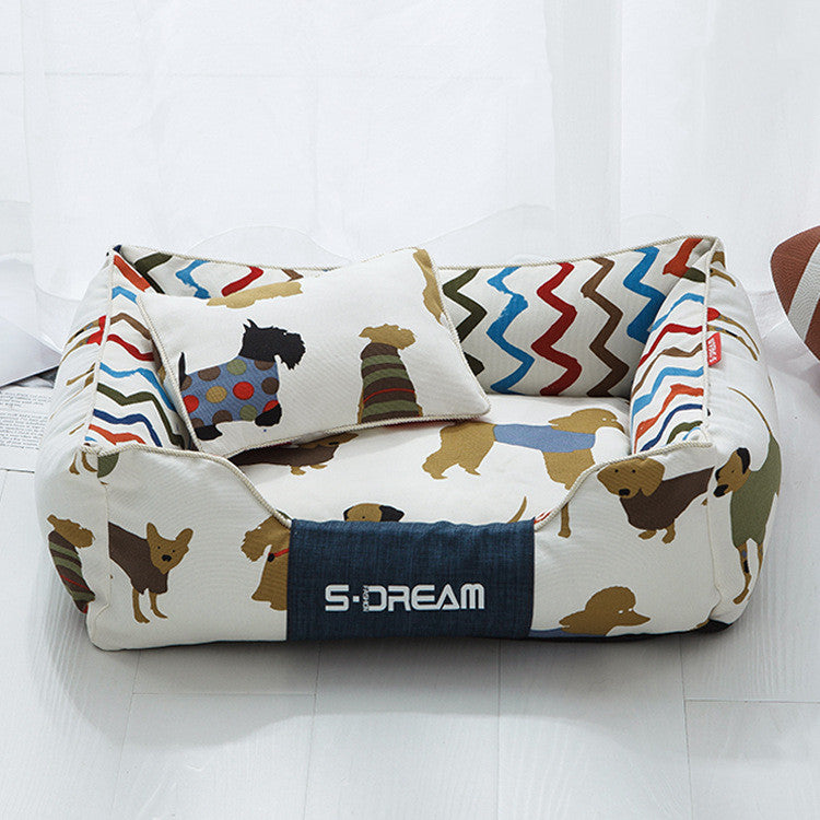 Removable washable large dog cat bed mat in brown and yellow with small pillow for winter use