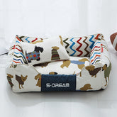 Removable washable large dog cat bed mat in brown and yellow with small pillow for winter use