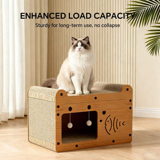 56cm bubble fish shape cat scratcher sofa with teaser balls and corrugated wood for claw care