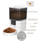 Video camera pet feeder in black with transparent barrel for dogs and cats
