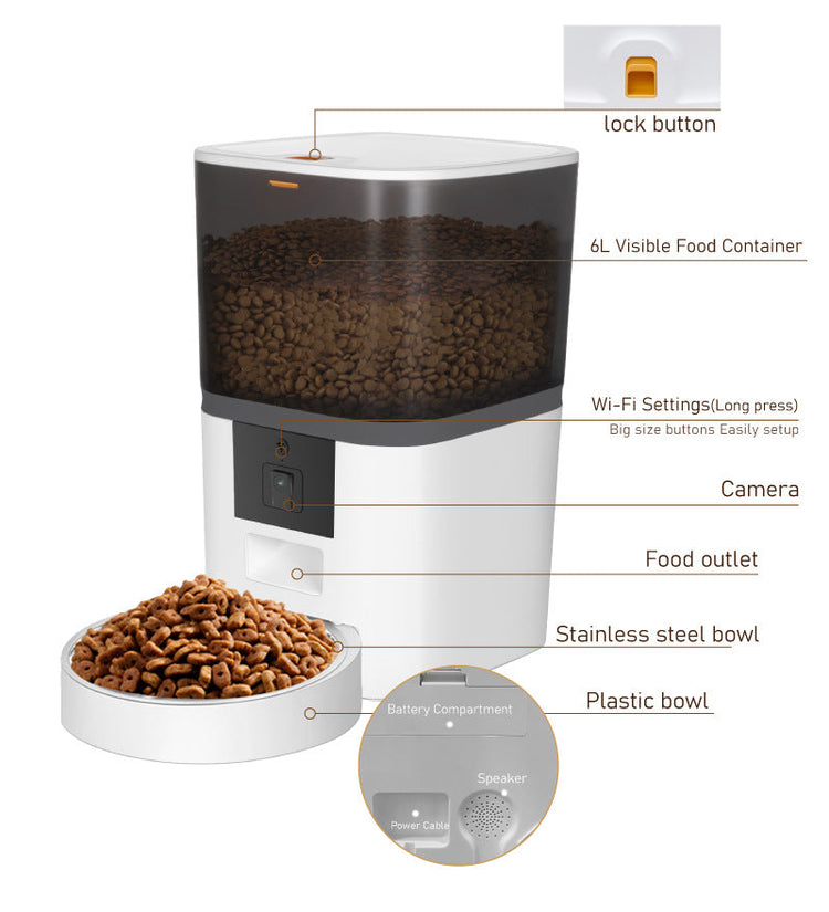 Video camera pet feeder in black with transparent barrel for dogs and cats