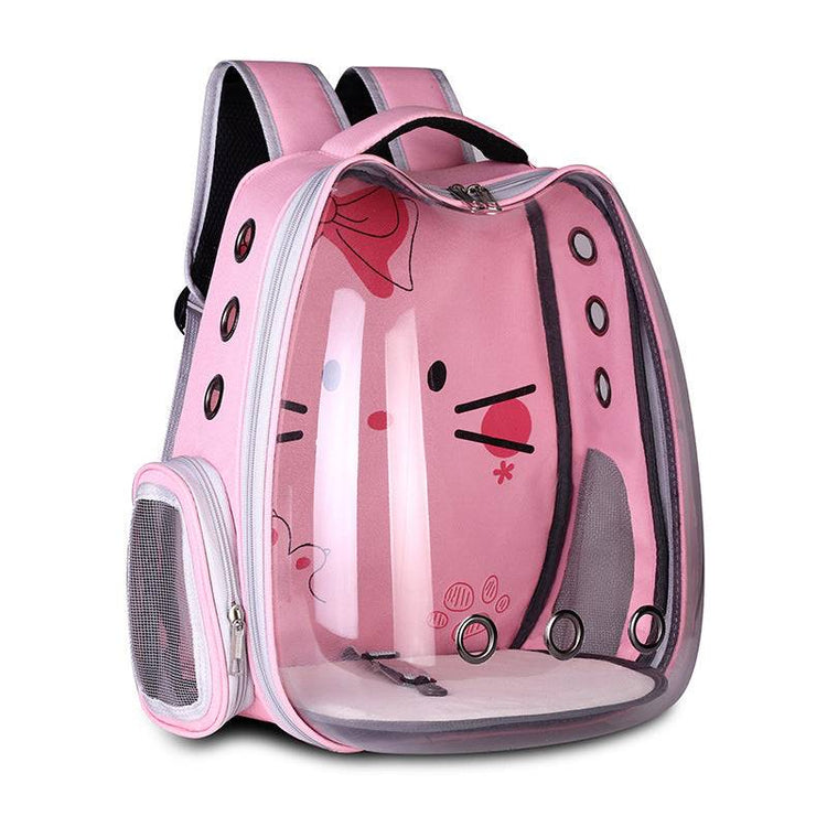 Breathable pet backpack carrier in various colors for cats and dogs with cartoon design
