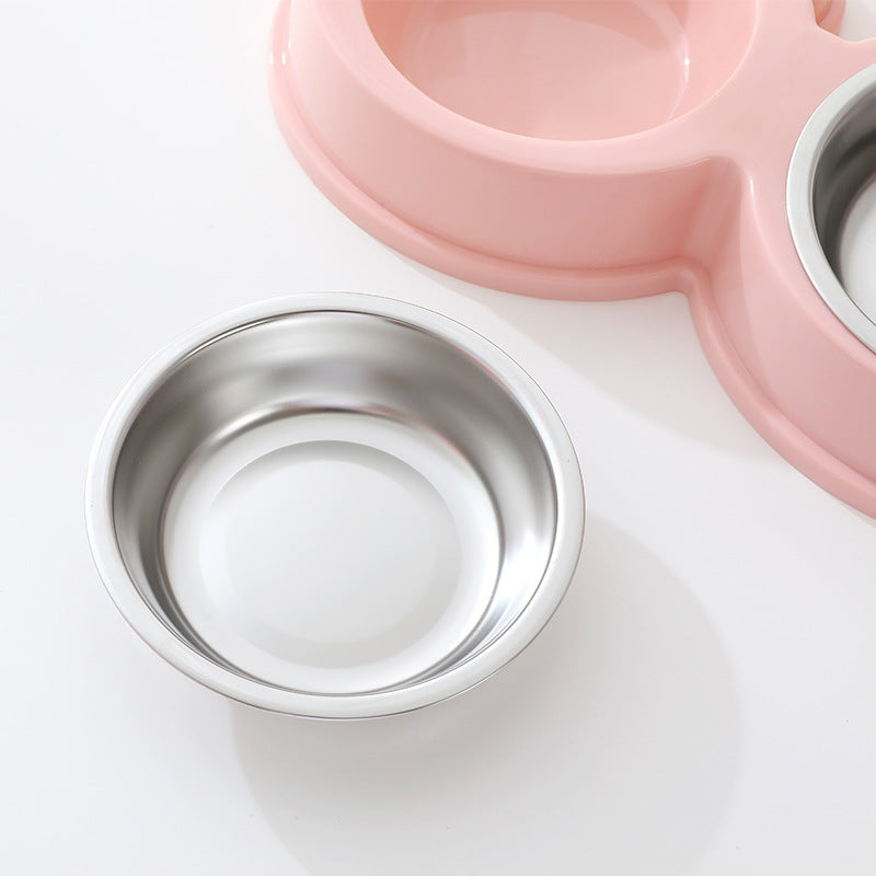 Stainless steel pet double bowl for cat and dog feeding and drinking water with frog design