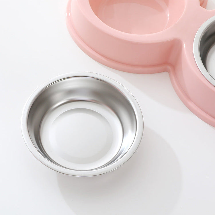 Stainless steel pet double bowl for cat and dog feeding and drinking water with frog design