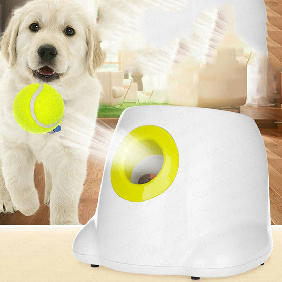 Yellow dog pet automatic ball launcher with tennis balls and adapter displayed on white background
