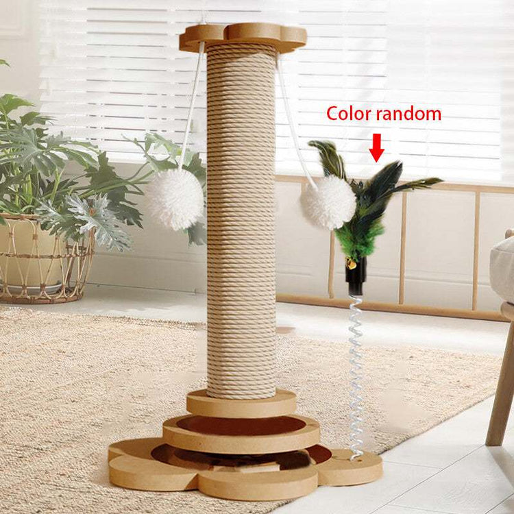 Heavy-duty cat scratching post with natural sisal rope, pine wood, interactive toys, and anti-slip base