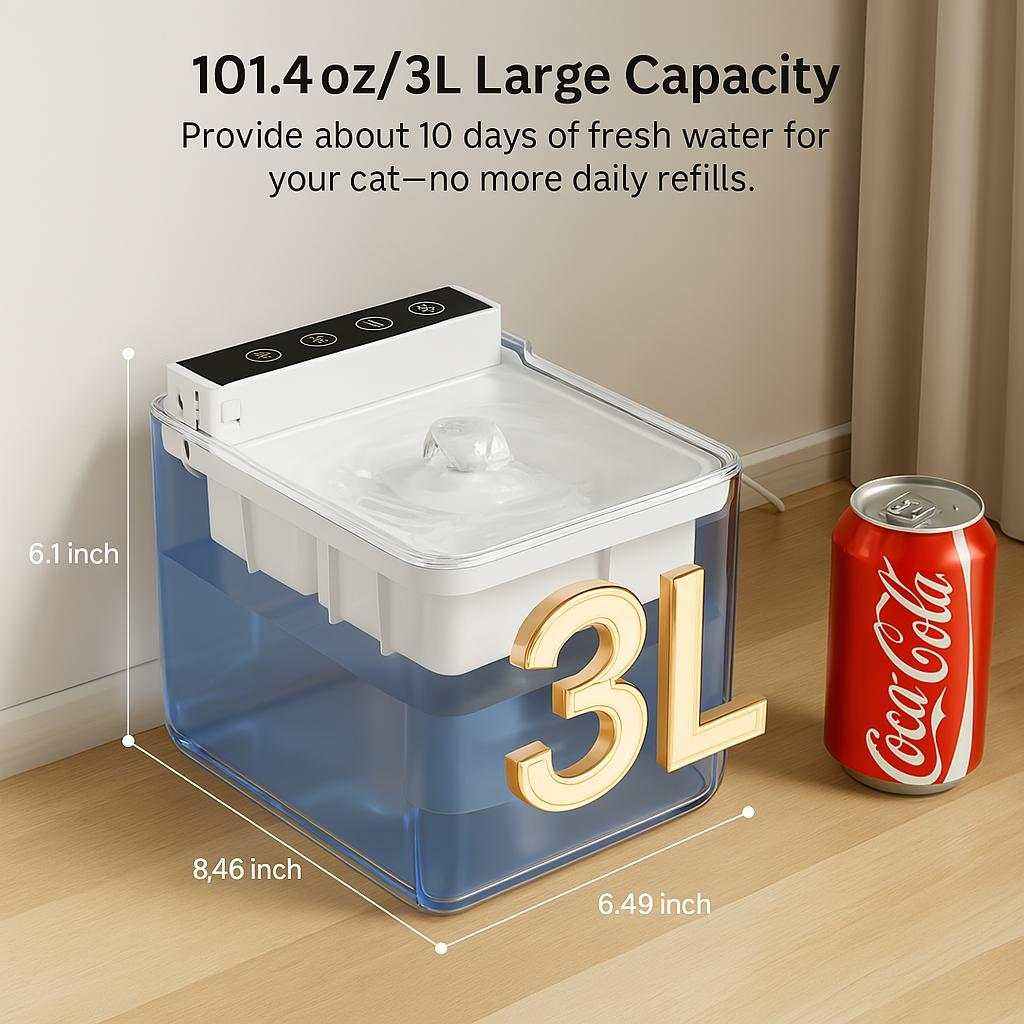 PetZen 3L automatic pet water fountain with motion sensor and USB-C charging for cats and small dogs