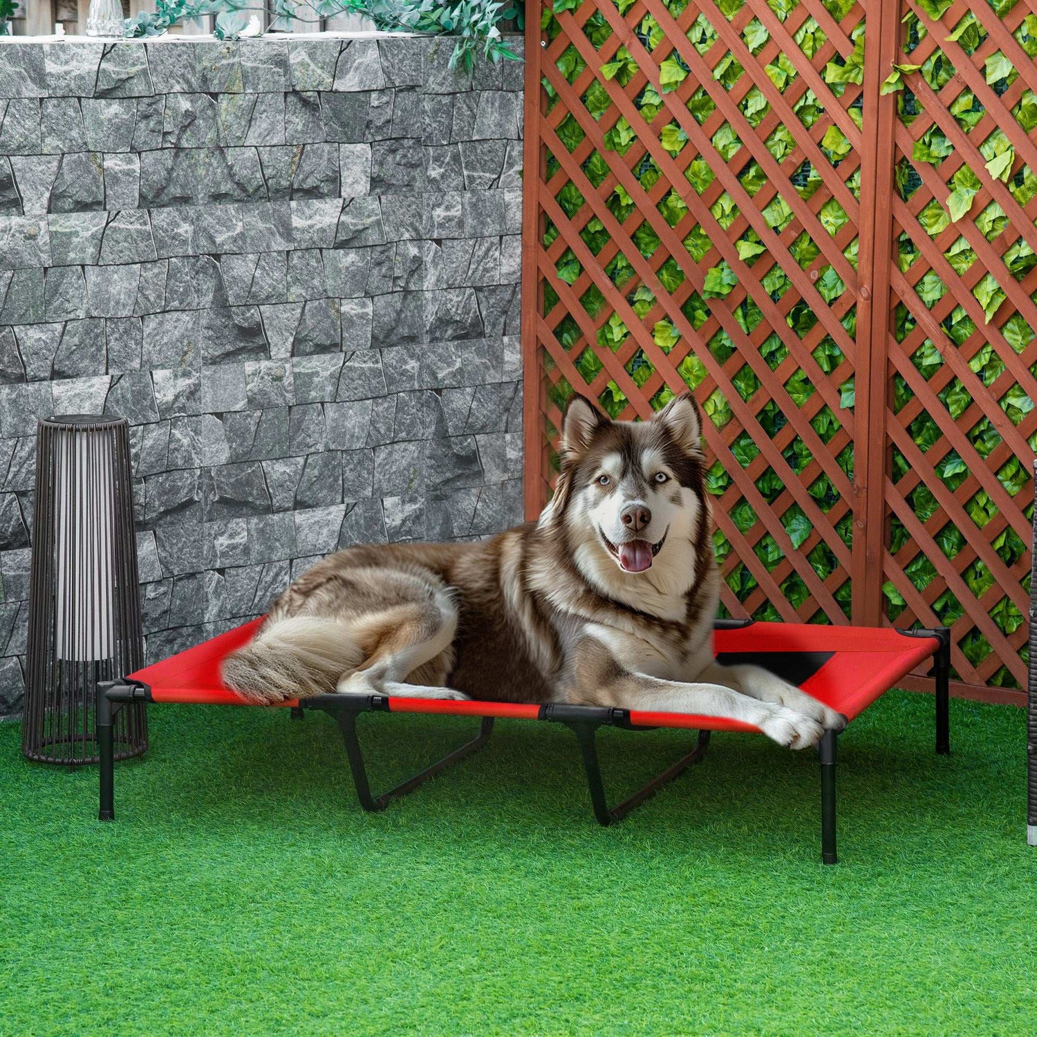 Red XL elevated dog bed with breathable mesh and metal frame for outdoor and indoor use