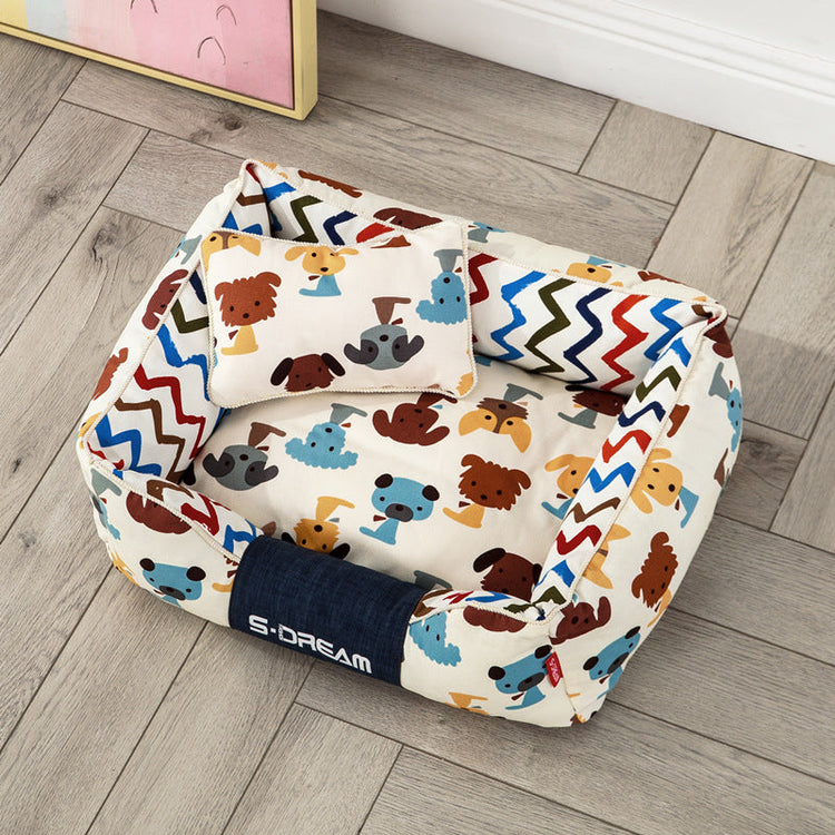 Removable washable large dog cat bed mat with pillow in brown and yellow colors