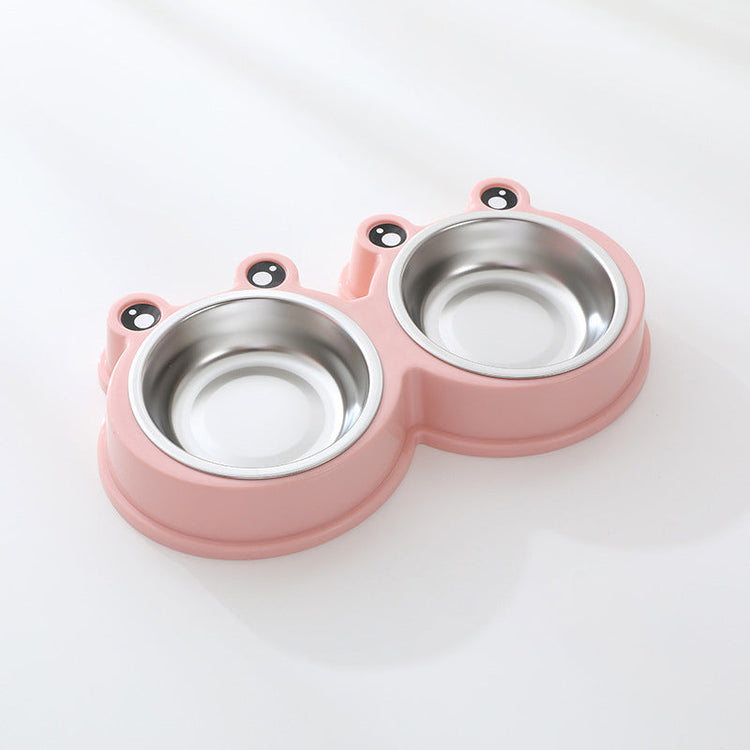 Stainless steel pet double bowl with frog design for cat and dog food and water feeding