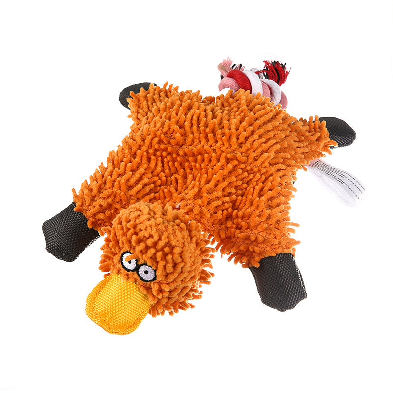 Mop plush pet toy duck in green, orange, and pink colors for dogs