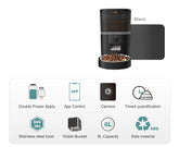 Video camera pet feeder with adjustable performance for dogs and cats in black and white options