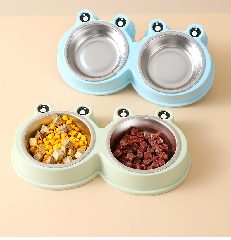 Stainless steel pet double bowl for cat and dog food and water with frog design
