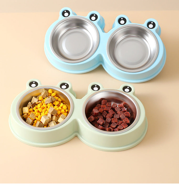 Stainless steel pet double bowl for cat and dog food and water with frog design